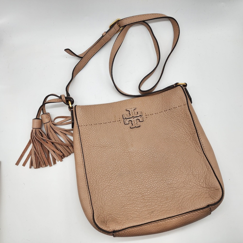 Tory Burch McGraw Crossbody Women's Small Beige Pebbled Leather Tassel Purse